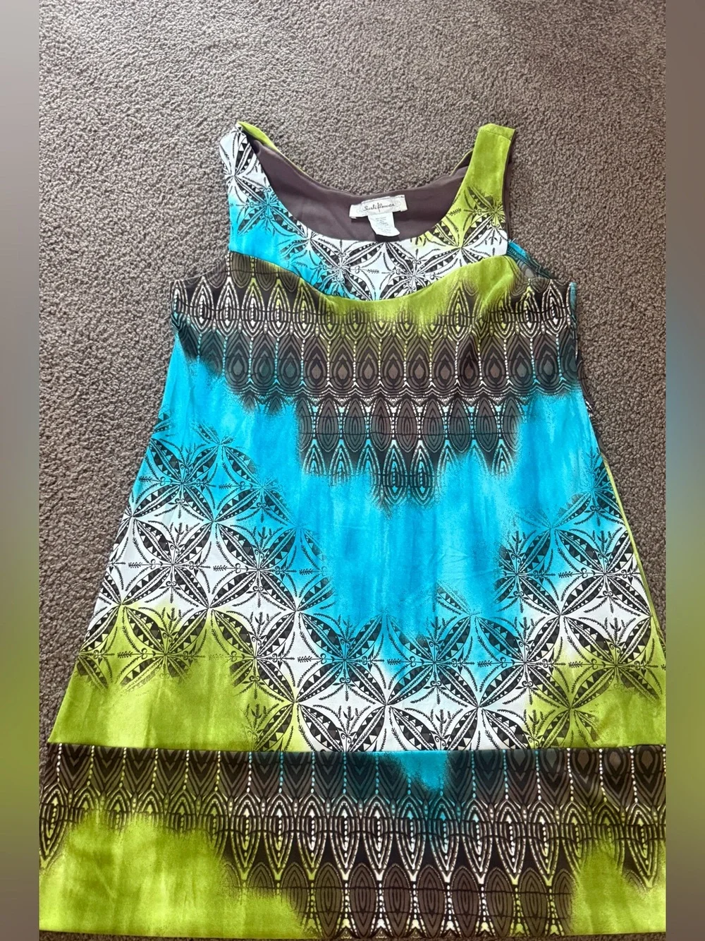Sleeveless Patterned Tank Dress in Turquoise & Lime